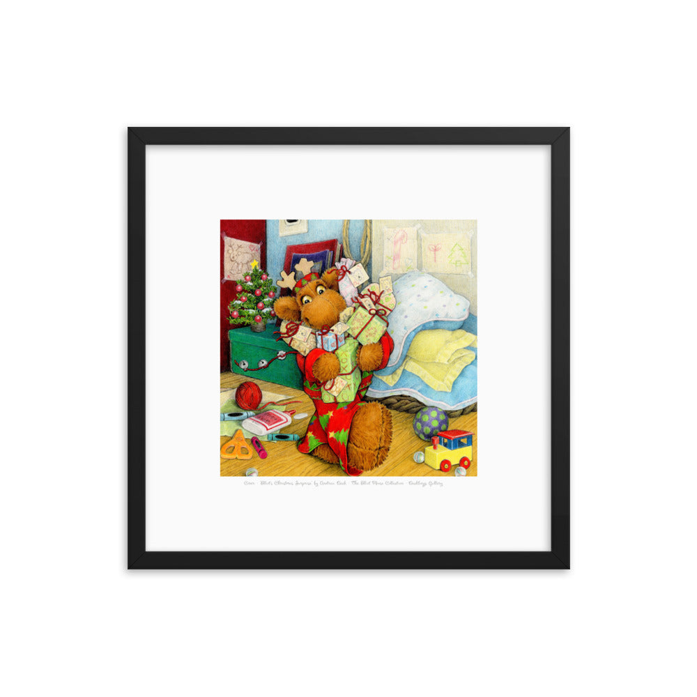 Framed Children's Book Art Print -- Cover of Elliot's Christmas Surprise by Andrea Beck. Happy Elliot Moose holds an armful of gifts he made for his friends.