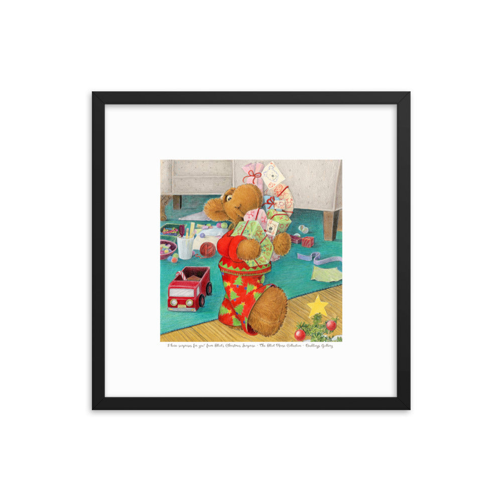 Framed art print of children's book character Elliot Moose carrying an armful of Christmas gifts, excited for Christmas. From the book Elliot's Christmas Surprise by Andrea Beck