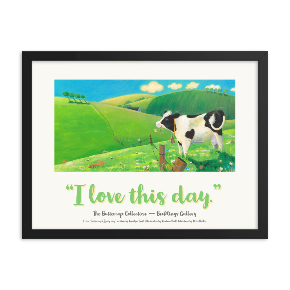 Children's nursery art, Buttercup "I Love" series poster.  Cow munching grass in field. Andrea Lynn Beck