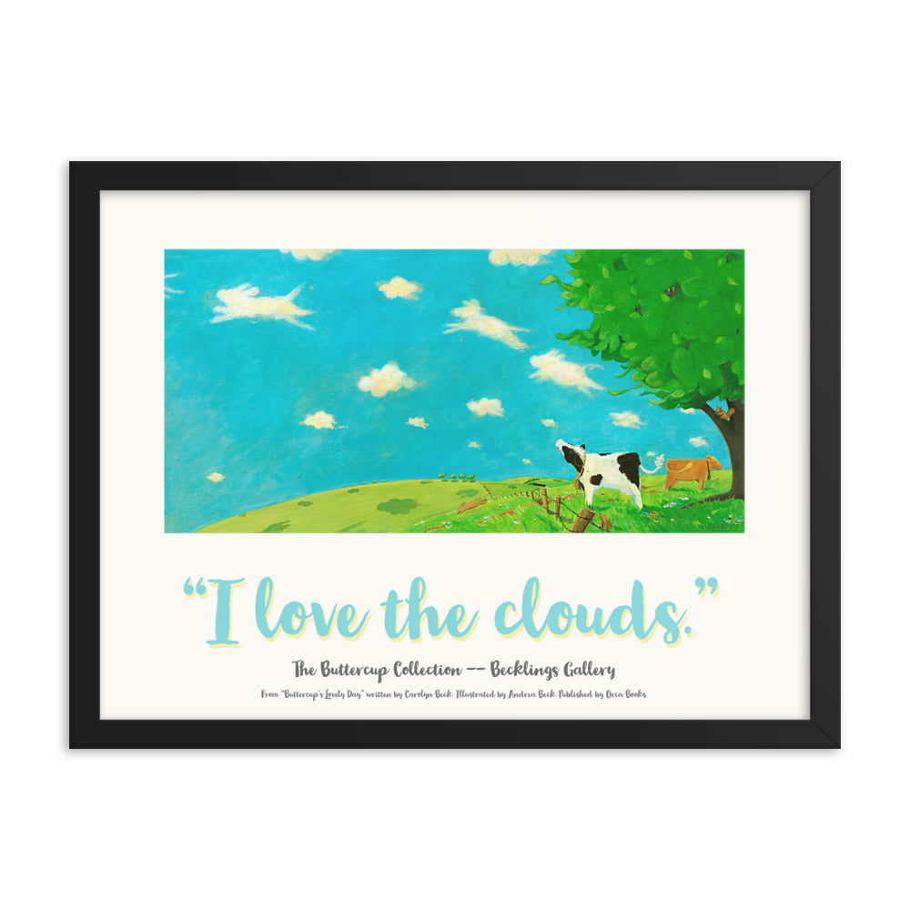 Cow with heart shaped patch stares dreamily at animal shaped clouds. "I Love Series" inspired by Buttercup's Lovely Day by Carolyn Beck.