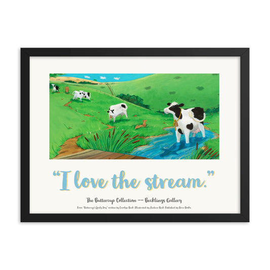 Kids or Adults mindfulness poster of a cow soaking her feet in a stream. Art by Andrea Beck. from the Buttercup Collection