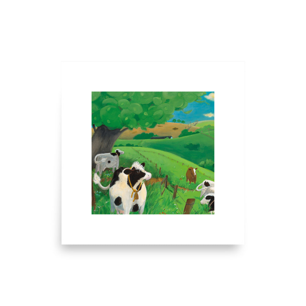 Painting of a cow enjoying her field. Poster art Andrea Lynn Beck