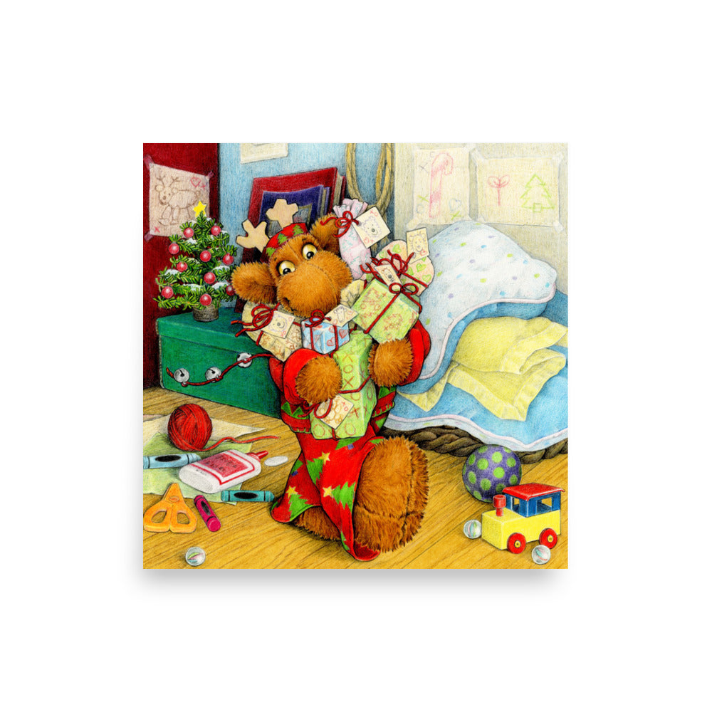 Christmas poster of Elliot Moose, a stuffed toy, holding an armful of presents .