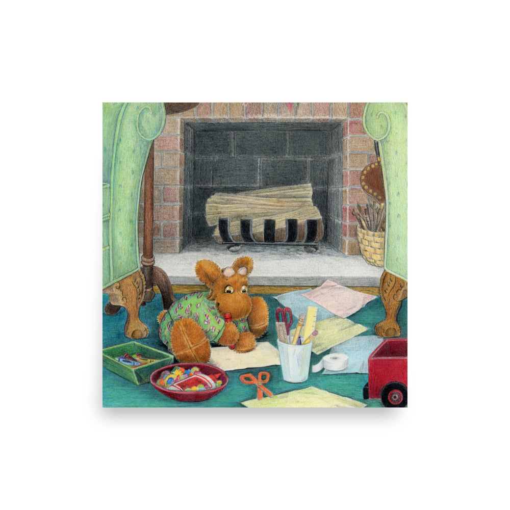 Children's Decor Print - Picture Book Art - Elliot's Christmas Surpris p8. Stuffed toy moose is happily drawing a picture Christmas touches all around him.