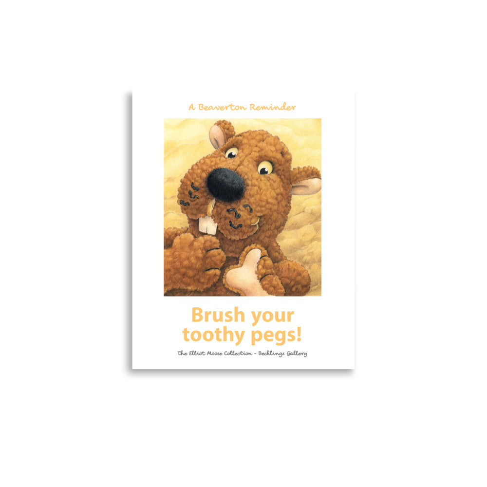 Art print bathroom print reminder to brush your teeth. Cute stuffed toy Beaver.