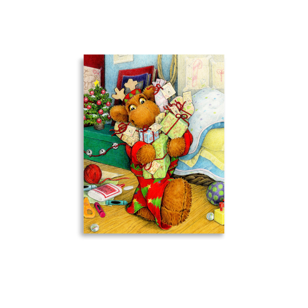 Christmas poster of Elliot Moose, a stuffed toy, holding an armful of presents .