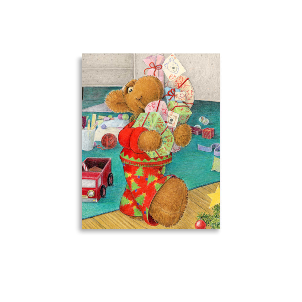 Framed art print of children's book character Elliot Moose carrying an armful of Christmas gifts, excited for Christmas. From the book Elliot's Christmas Surprise by Andrea Beck