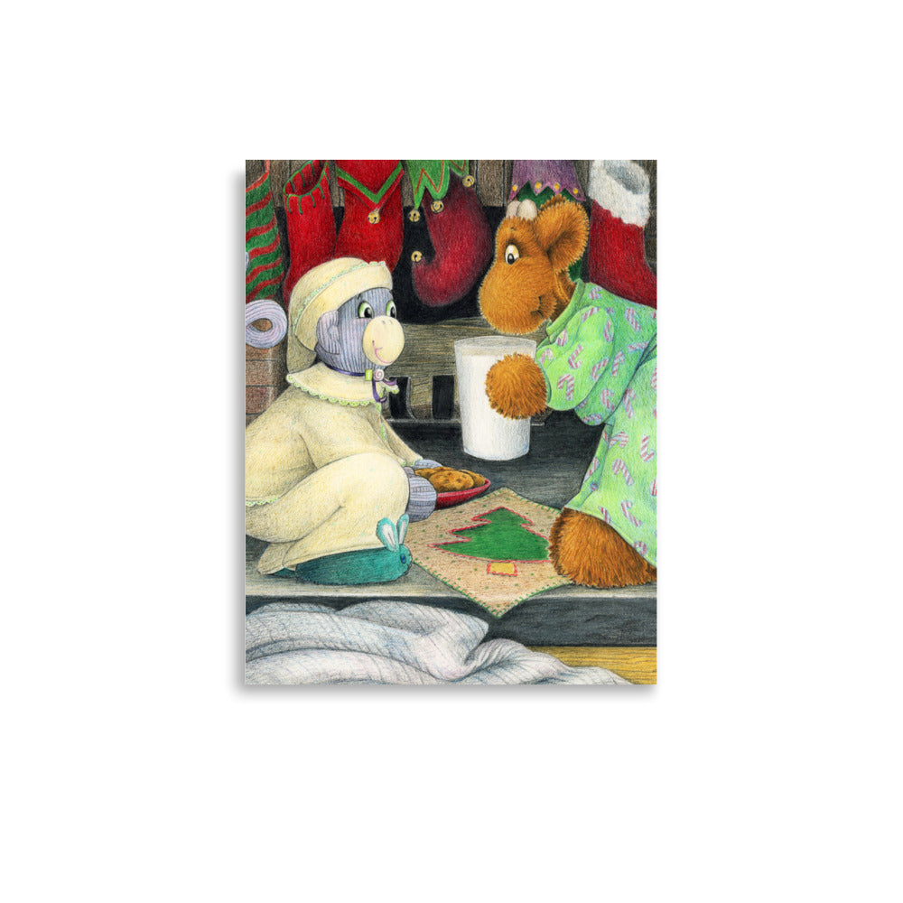 Christmas themed picture book art of two stuffed toy friends leaving milk and cookies for Santa. From the book Elliot's Christmas Surprise by Andrea Beck