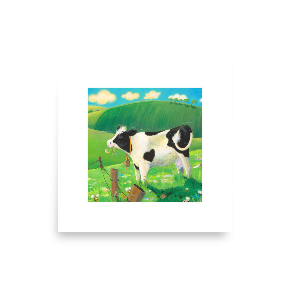 Cow Buttercup, munches grass and loves her day. From the book Buttercup's Lovely Day by Carolyn Beck, Art by Andrea Beck.