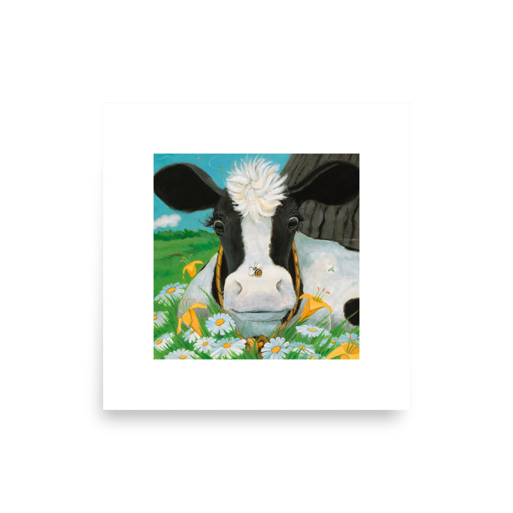 Sweet Holstein Cow is surprised by bee on her nose. From Children's book Buttercup's Lovely Day by Carolyn Beck, painting by Andrea Beck