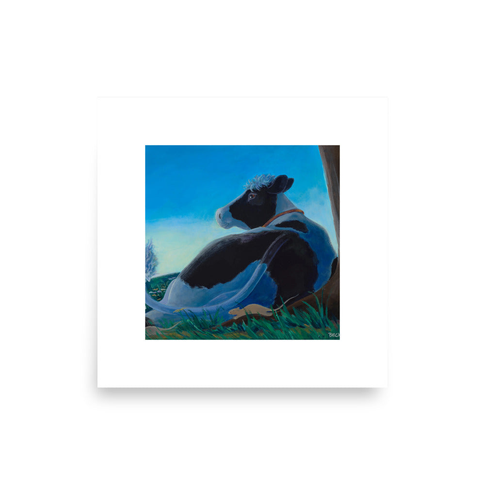  Mindfulness poster . Painting of Cow appreciating the dusk. by Andrea Beck. From the book Buttercup's Lovely Day by Carolyn Beck