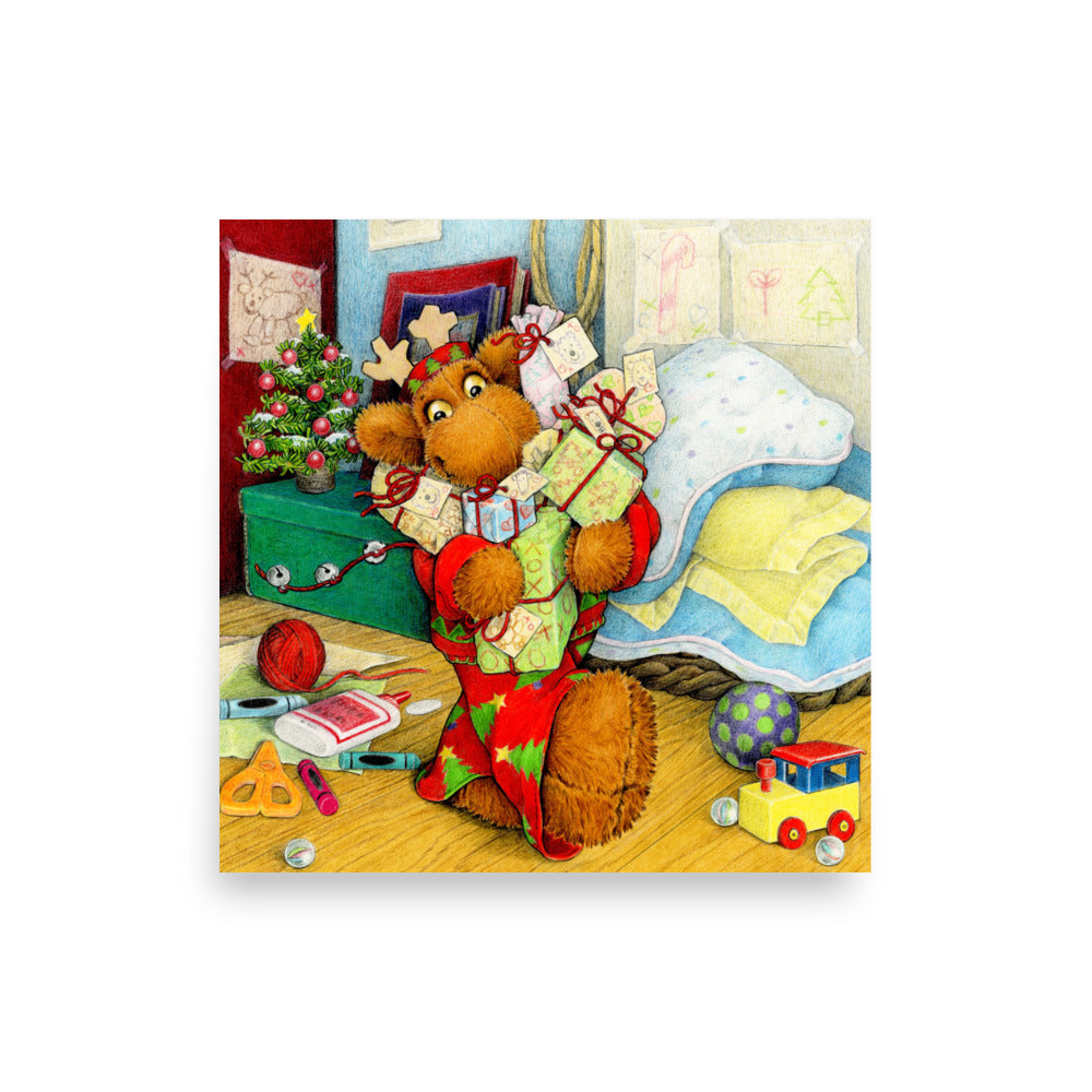 Christmas poster of Elliot Moose, a stuffed toy, holding an armful of presents .