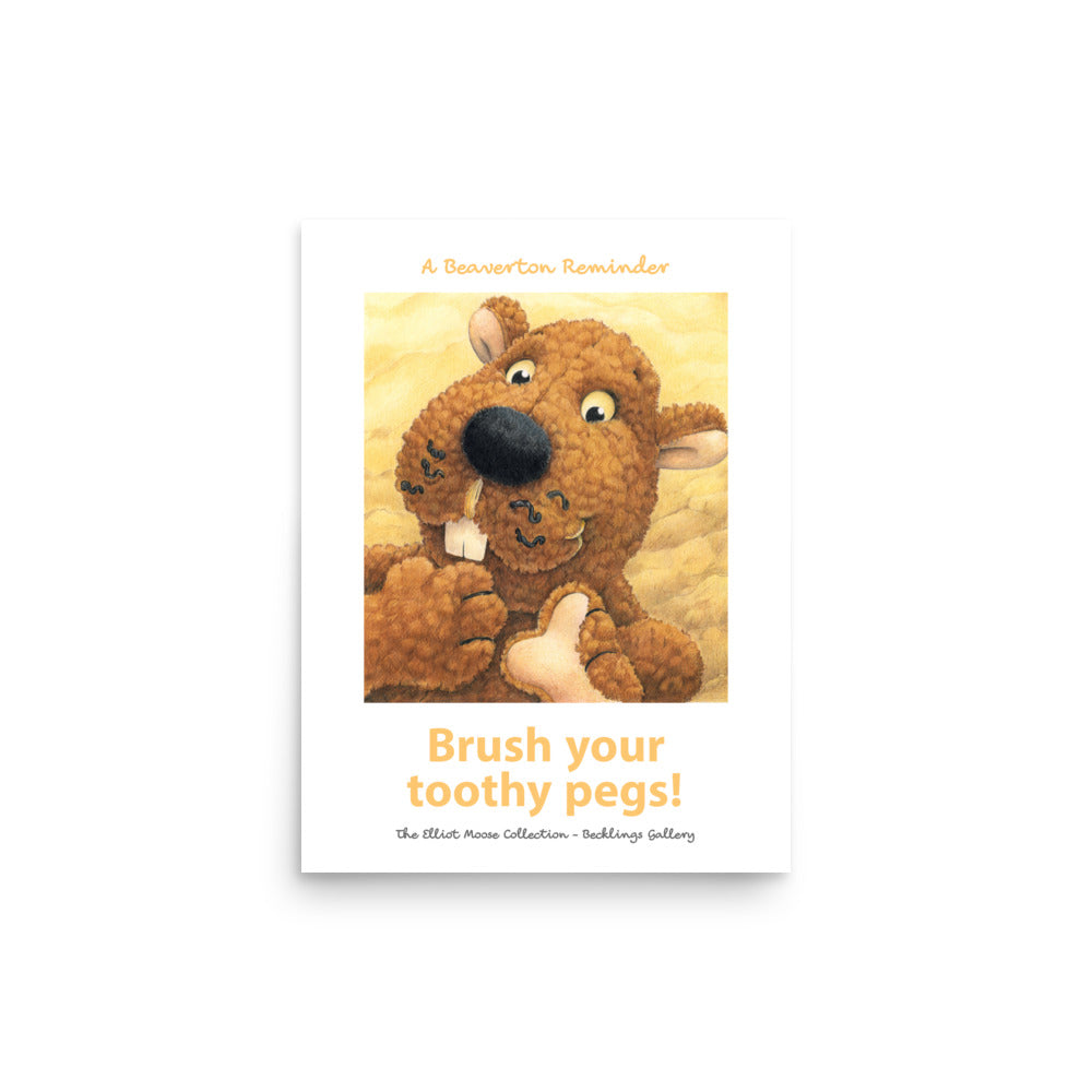 Art print bathroom print reminder to brush your teeth. Cute stuffed toy Beaver.