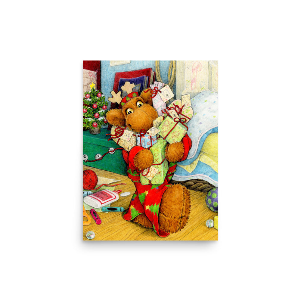 Christmas poster of Elliot Moose, a stuffed toy, holding an armful of presents .