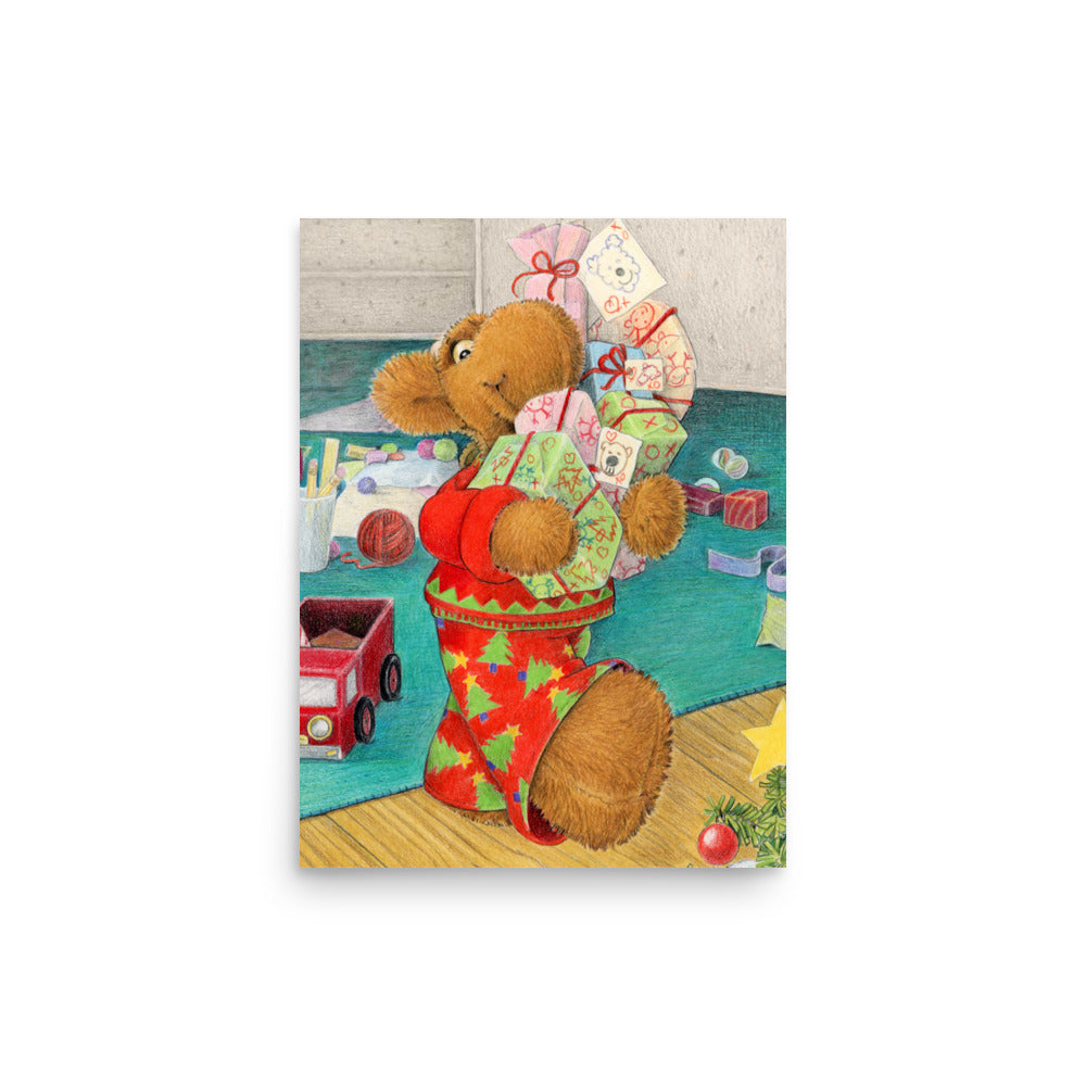 Framed art print of children's book character Elliot Moose carrying an armful of Christmas gifts, excited for Christmas. From the book Elliot's Christmas Surprise by Andrea Beck