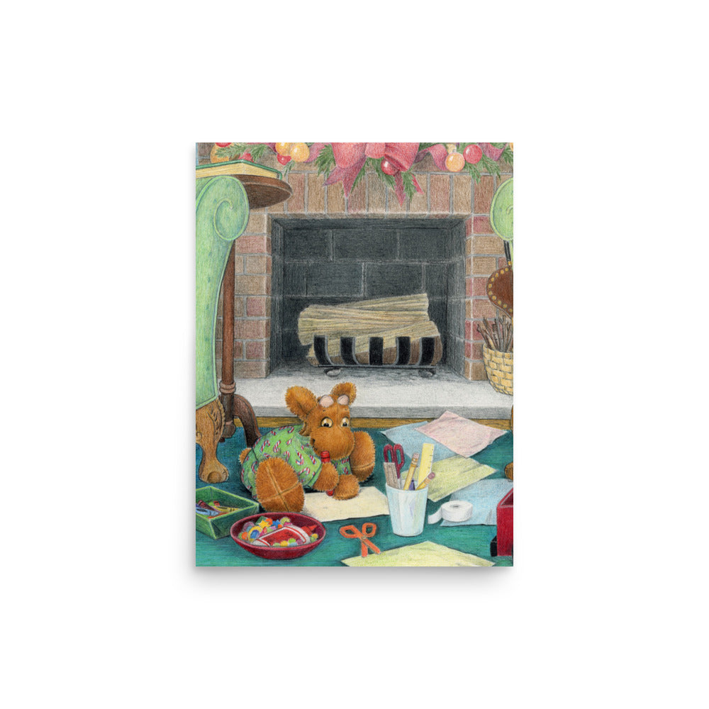 Children's Decor Print - Picture Book Art - Elliot's Christmas Surpris p8. Stuffed toy moose is happily drawing a picture Christmas touches all around him.