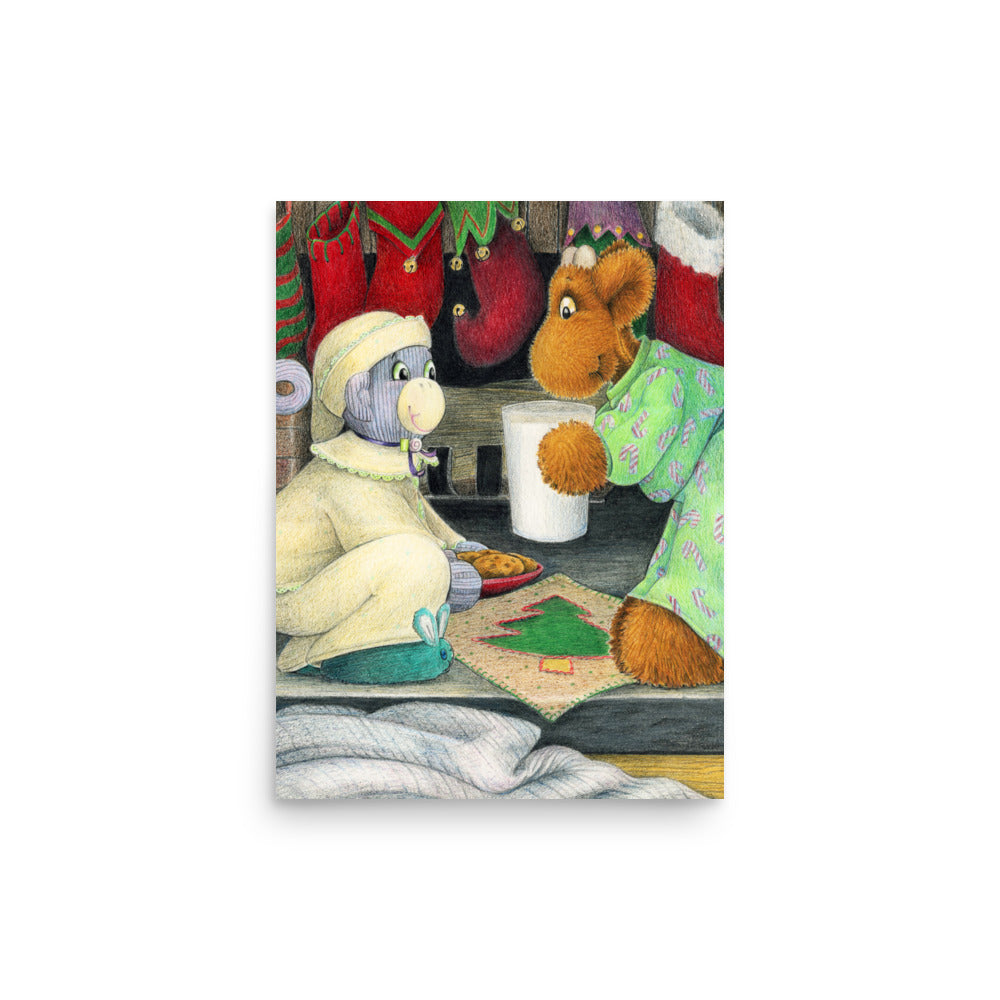 Christmas themed picture book art of two stuffed toy friends leaving milk and cookies for Santa. From the book Elliot's Christmas Surprise by Andrea Beck