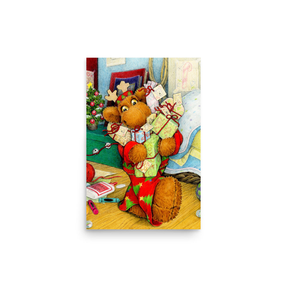 Christmas poster of Elliot Moose, a stuffed toy, holding an armful of presents .