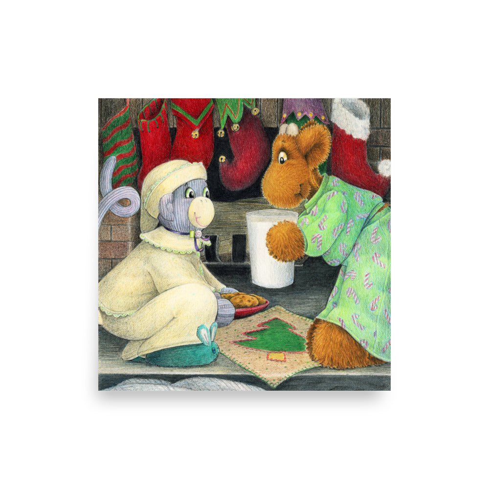 Christmas themed picture book art of two stuffed toy friends leaving milk and cookies for Santa. From the book Elliot's Christmas Surprise by Andrea Beck