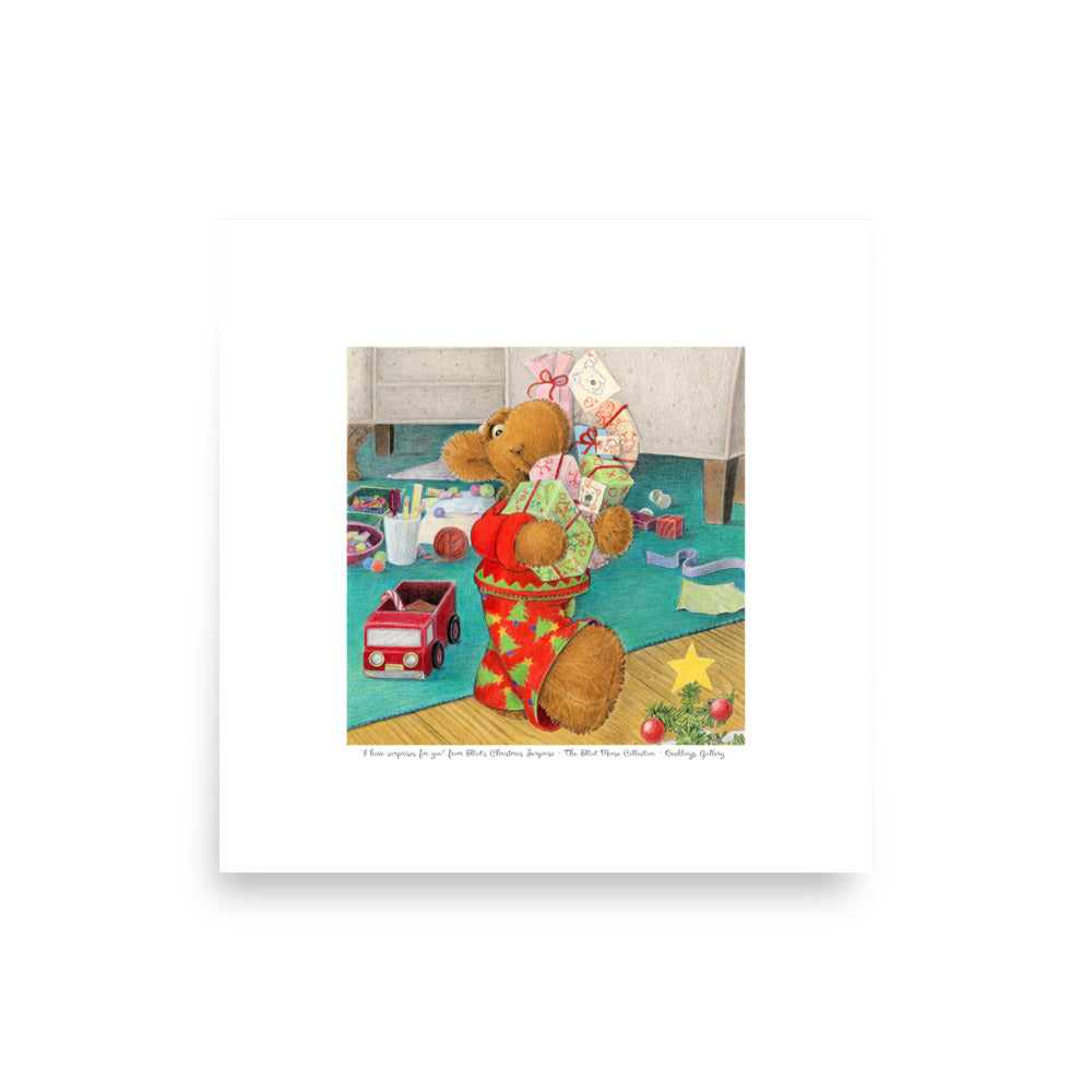 Children's book art print of Elliot Moose with an armful of Christmas gifts. From Elliot's Christmas Surprise by Andrea Beck.