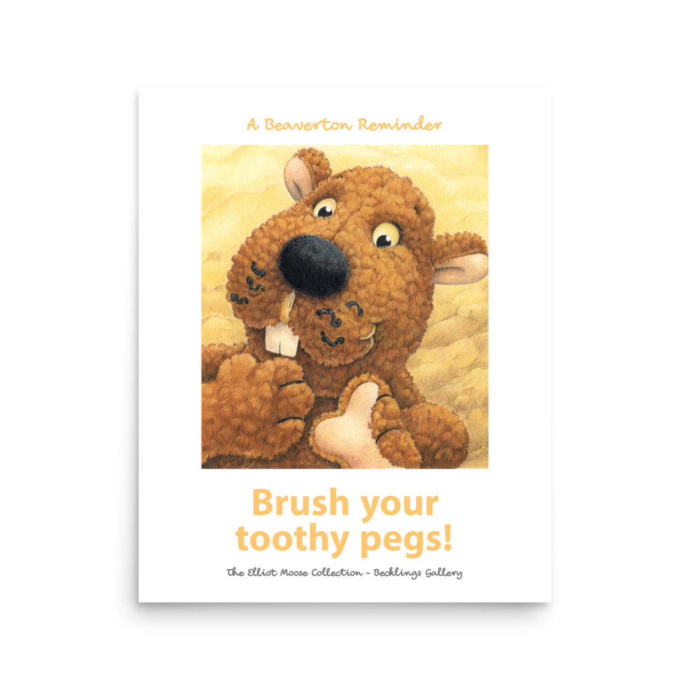 Art print bathroom print reminder to brush your teeth. Cute stuffed toy Beaver.