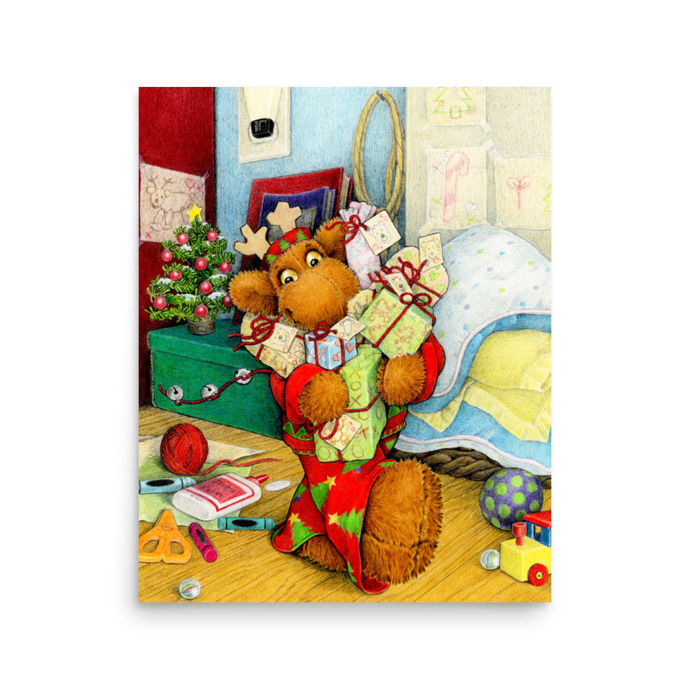 Christmas poster of Elliot Moose with an armful of gifts. From the book Elliot's Christmas Surprise, by Andrea Beck