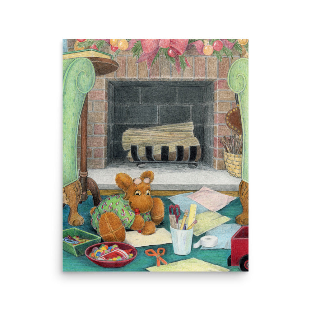 Children's Decor Print - Picture Book Art - Elliot's Christmas Surpris p8. Stuffed toy moose is happily drawing a picture Christmas touches all around him.