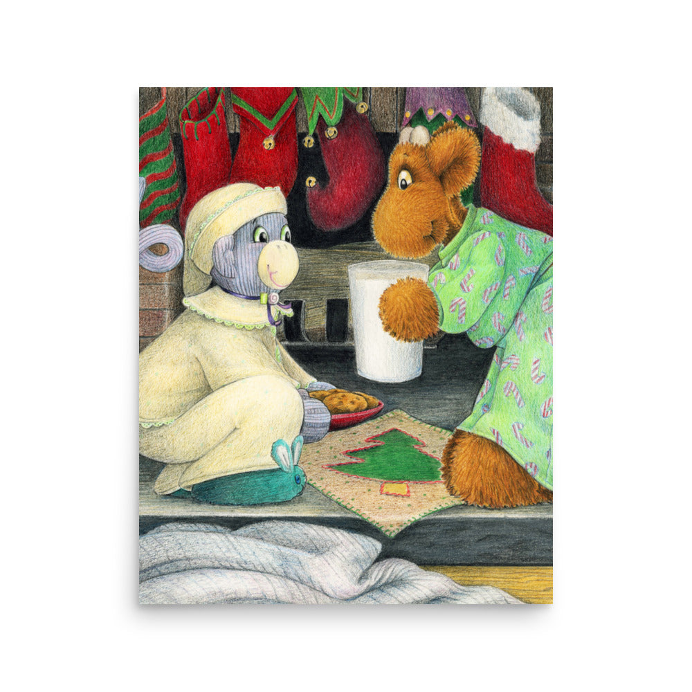 Christmas themed picture book art of two stuffed toy friends leaving milk and cookies for Santa. From the book Elliot's Christmas Surprise by Andrea Beck