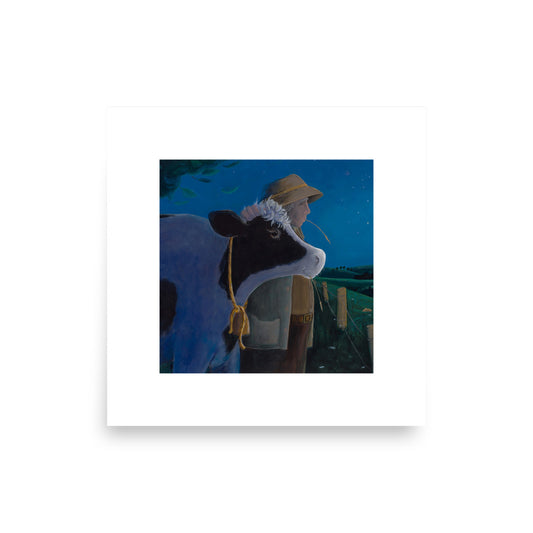 Gentle painted image of Holstein Cow and her farmer, enjoying the dusk side by side.