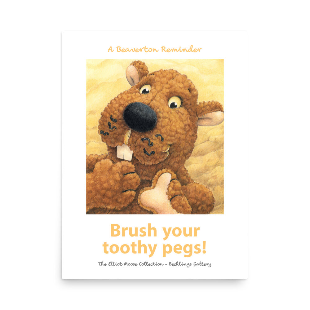 Art print bathroom print reminder to brush your teeth. Cute stuffed toy Beaver.