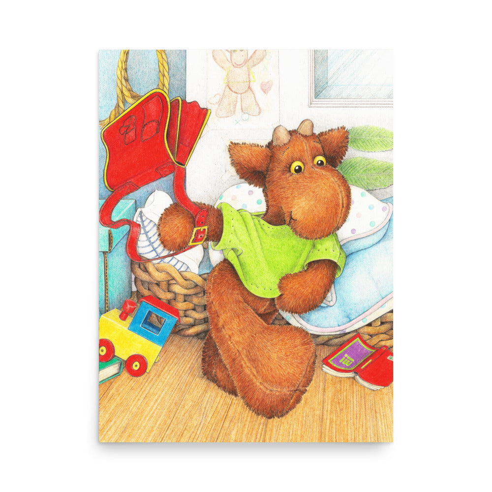 Elliot Moose is excited and heading out for the day. Print from Picture book illustration by Andrea Beck.