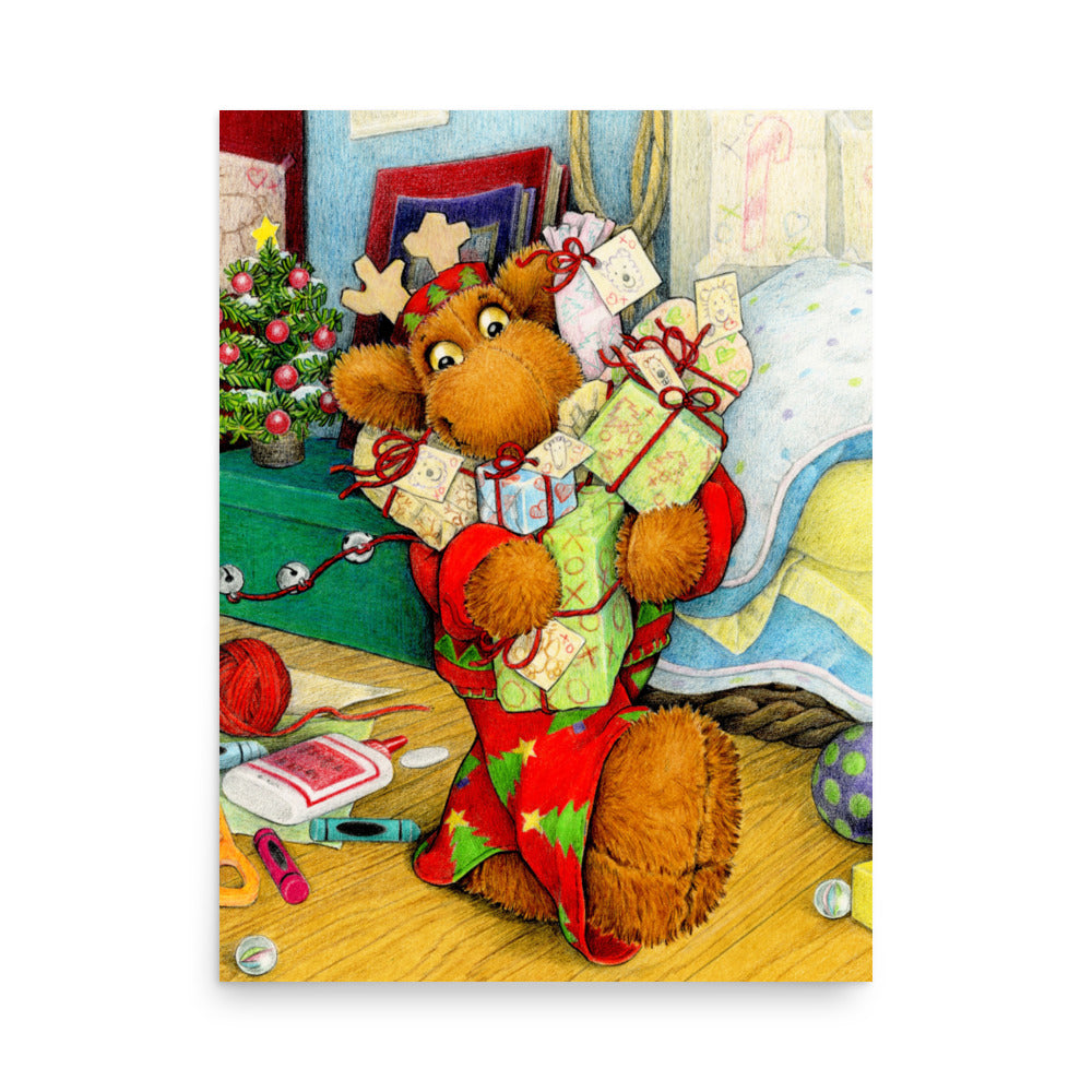 Christmas poster of Elliot Moose with an armful of gifts. From the book Elliot's Christmas Surprise, by Andrea Beck