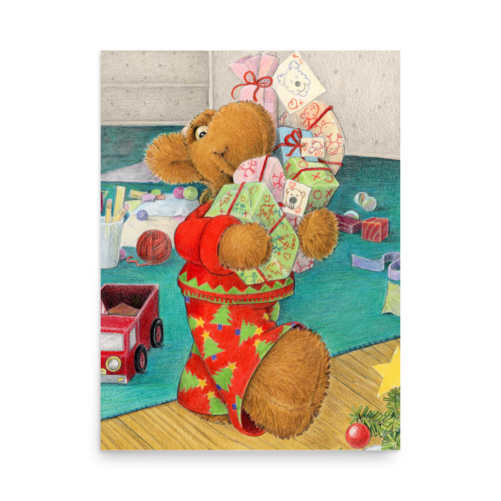 Framed art print of children's book character Elliot Moose carrying an armful of Christmas gifts, excited for Christmas. From the book Elliot's Christmas Surprise by Andrea Beck