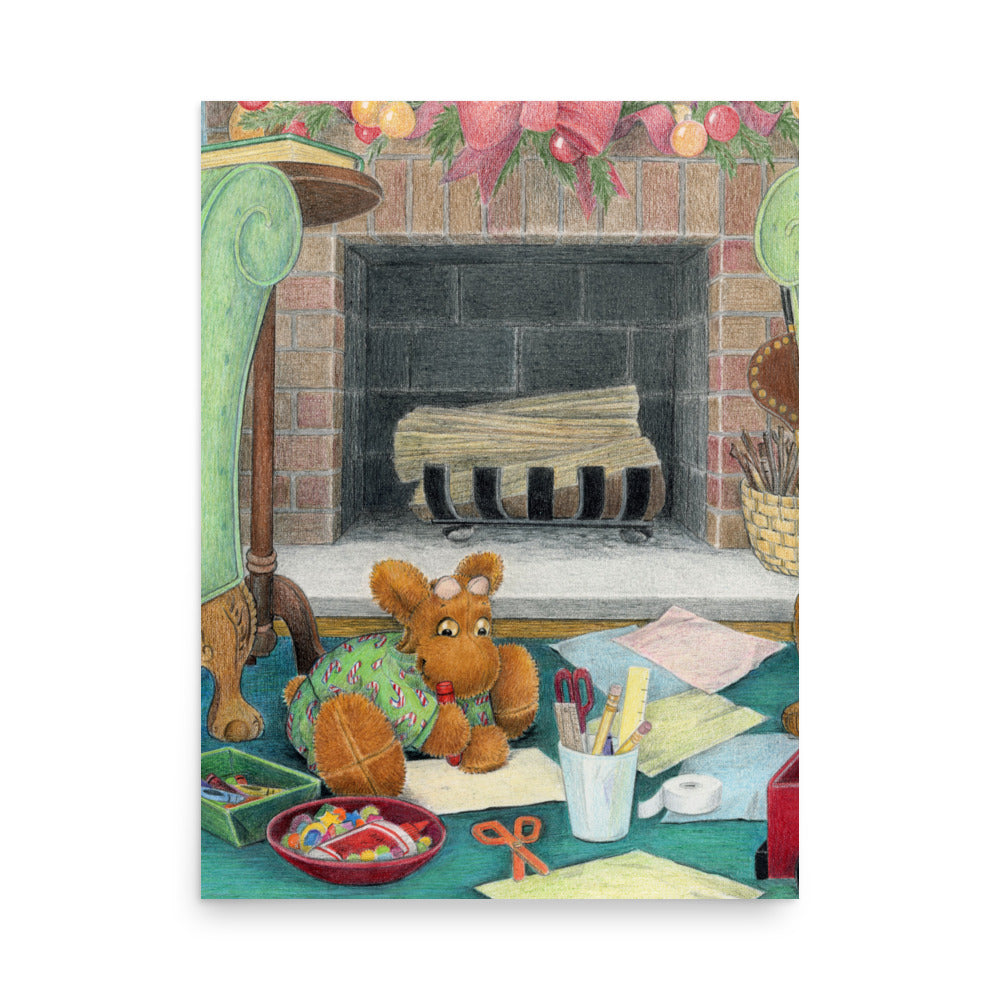 Children's Decor Print - Picture Book Art - Elliot's Christmas Surpris p8. Stuffed toy moose is happily drawing a picture Christmas touches all around him.