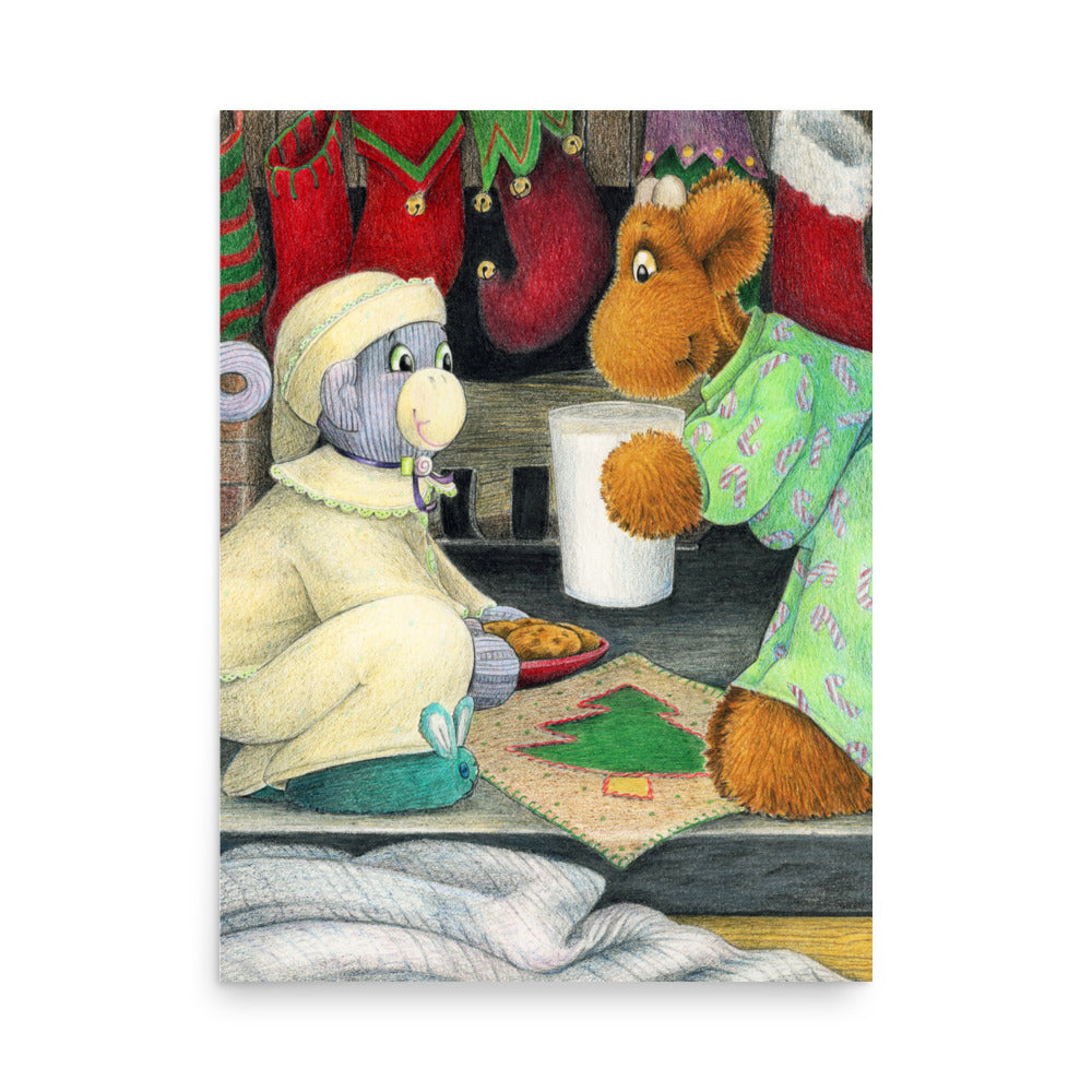 Christmas themed picture book art of two stuffed toy friends leaving milk and cookies for Santa. From the book Elliot's Christmas Surprise by Andrea Beck