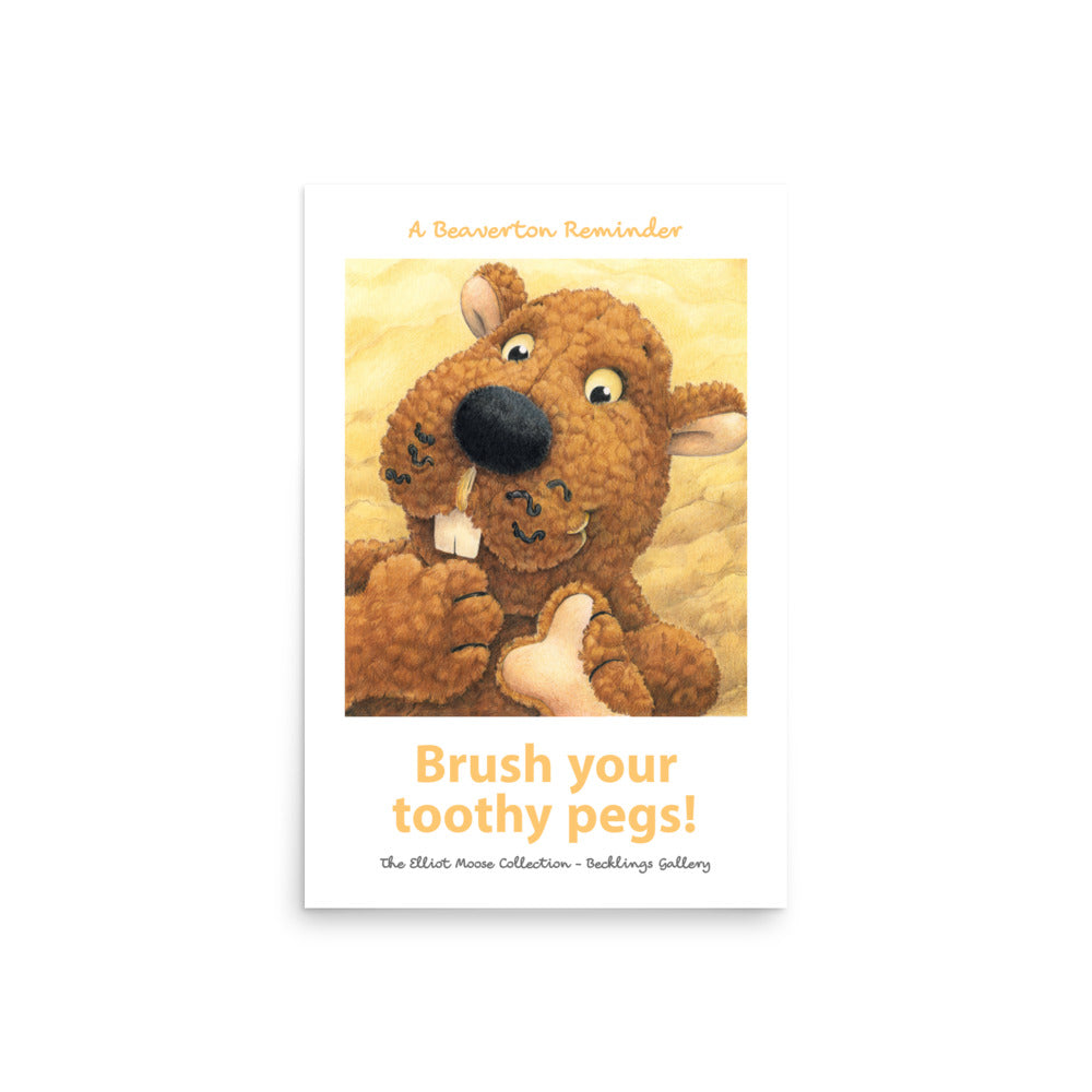 Art print bathroom print reminder to brush your teeth. Cute stuffed toy Beaver.