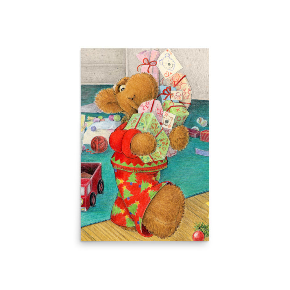 Framed art print of children's book character Elliot Moose carrying an armful of Christmas gifts, excited for Christmas. From the book Elliot's Christmas Surprise by Andrea Beck