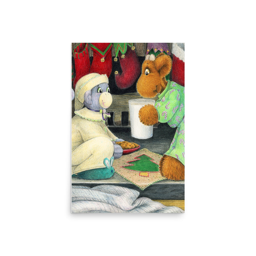 Christmas themed picture book art of two stuffed toy friends leaving milk and cookies for Santa. From the book Elliot's Christmas Surprise by Andrea Beck