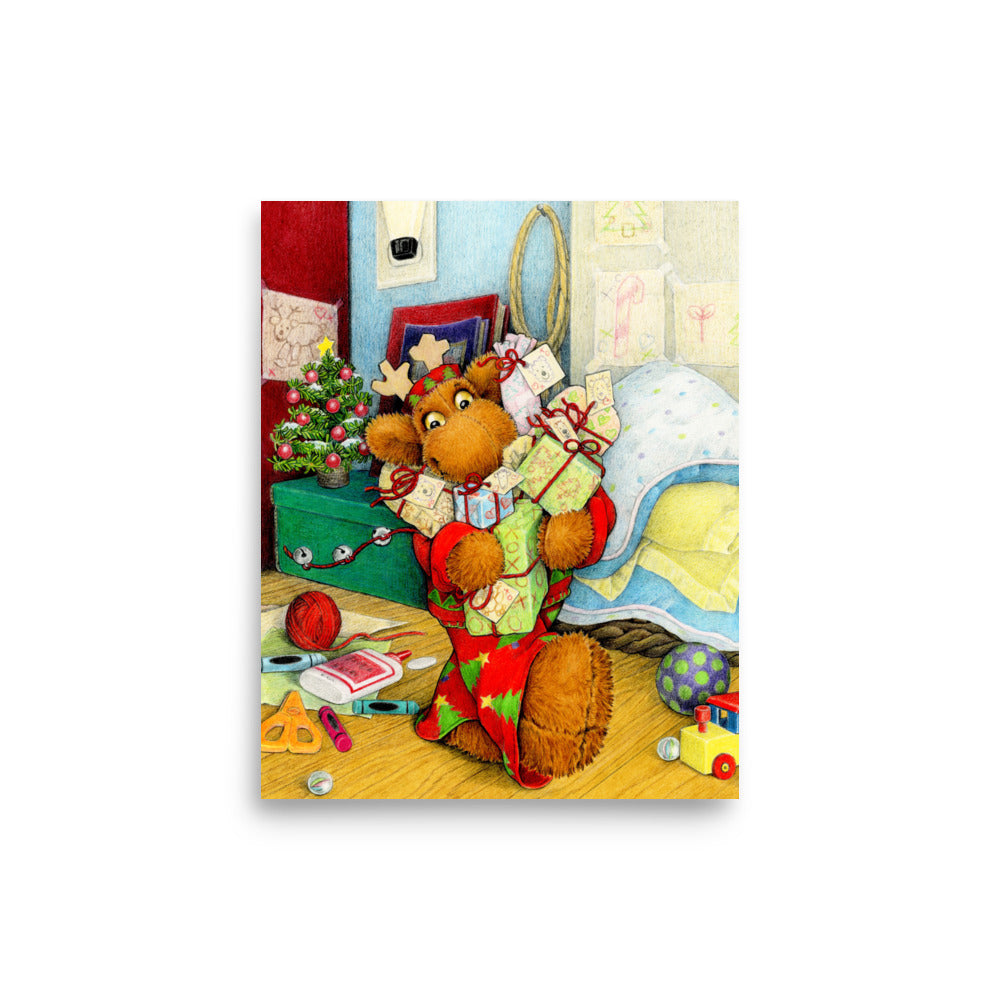 Christmas poster of Elliot Moose with an armful of gifts. From the book Elliot's Christmas Surprise, by Andrea Beck