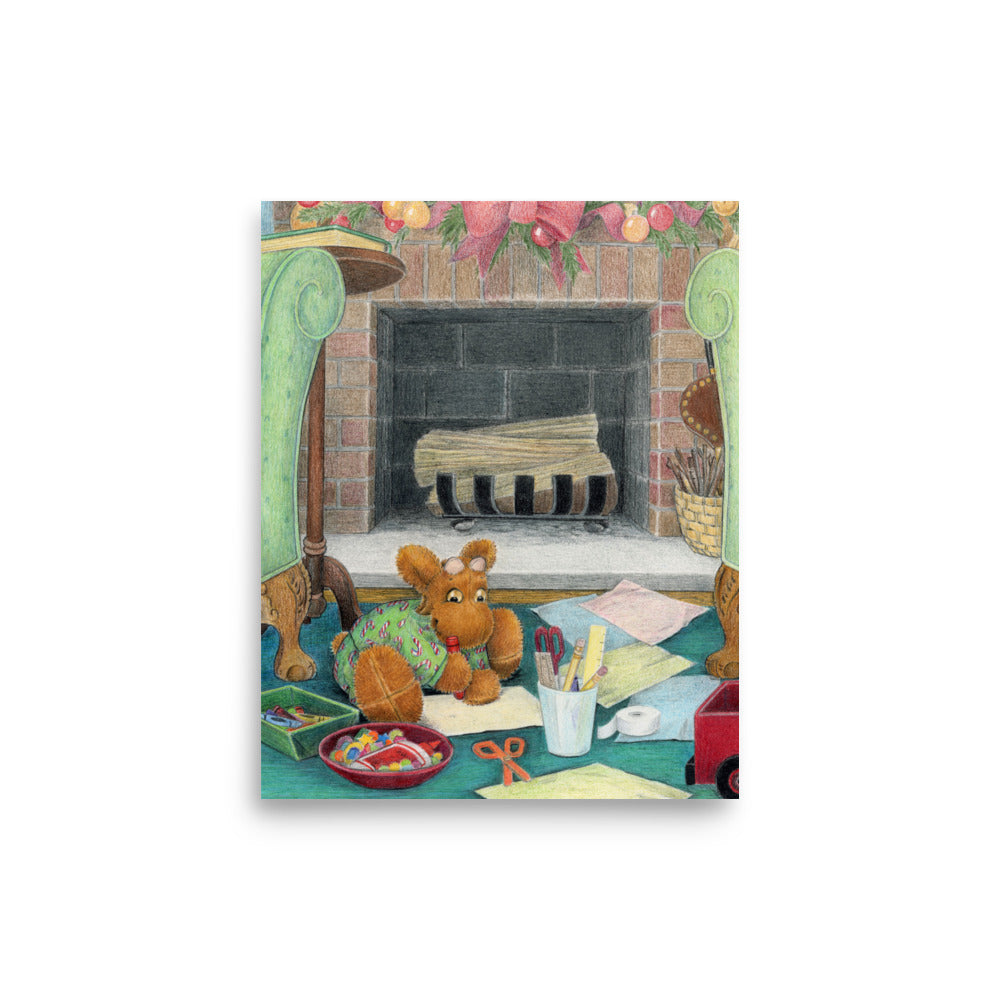 Children's Decor Print - Picture Book Art - Elliot's Christmas Surpris p8. Stuffed toy moose is happily drawing a picture Christmas touches all around him.