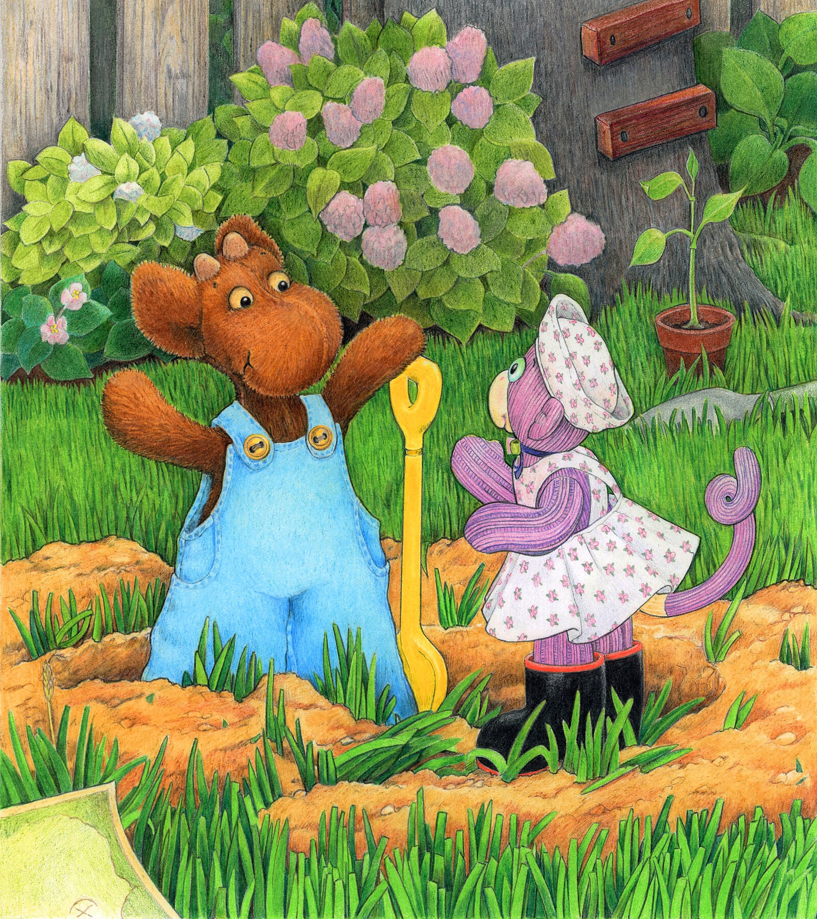 Elliot moose is digging a hole and explains to his friend Socks that he is digging for treasure. from Elliot Digs for Treasure, by Andrea Beck.