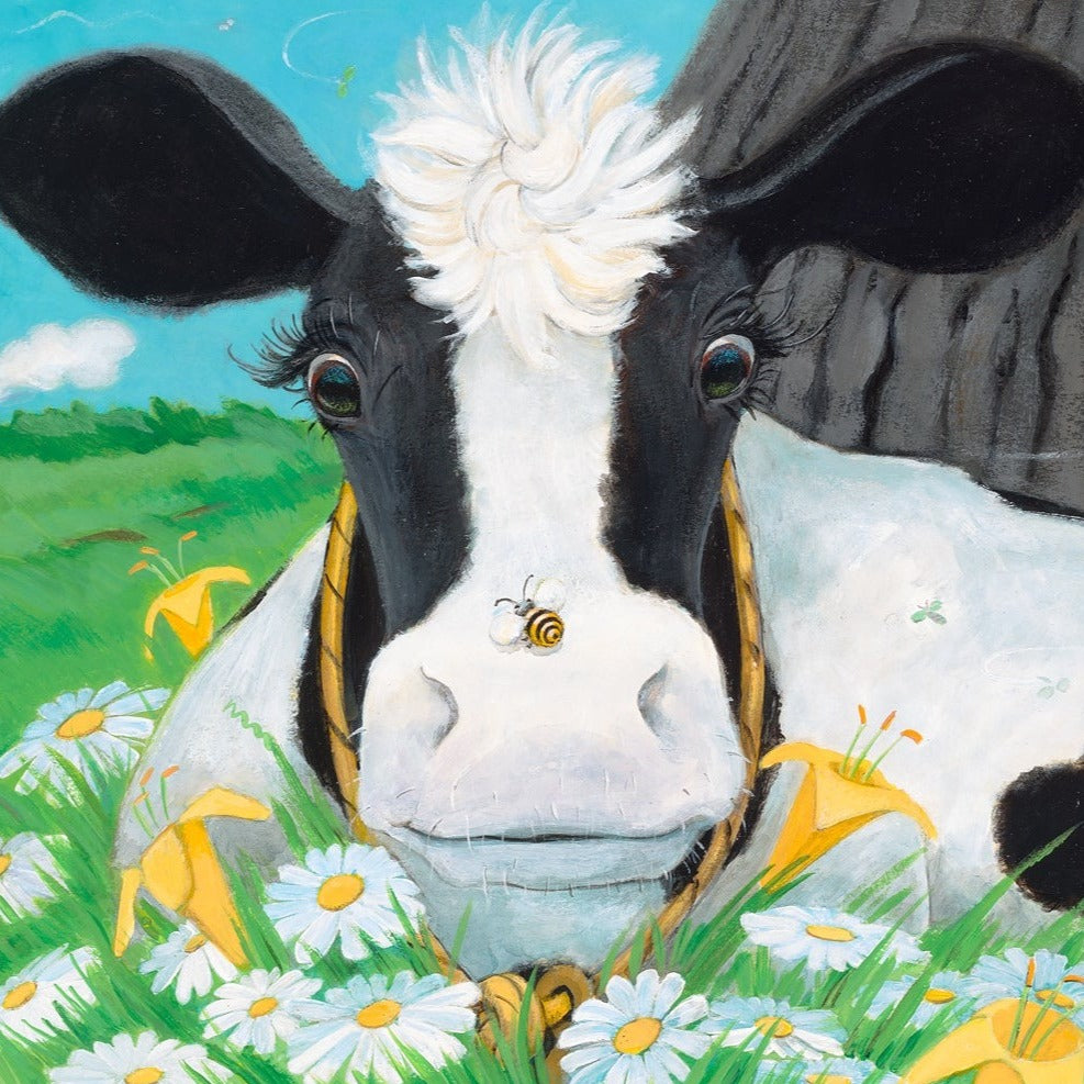 Darling Buttercup the Cow is startled by the bumble bee on her nose. From the book Buttercup's Lovely Day by Carolyn Beck, art by Andrea Beck