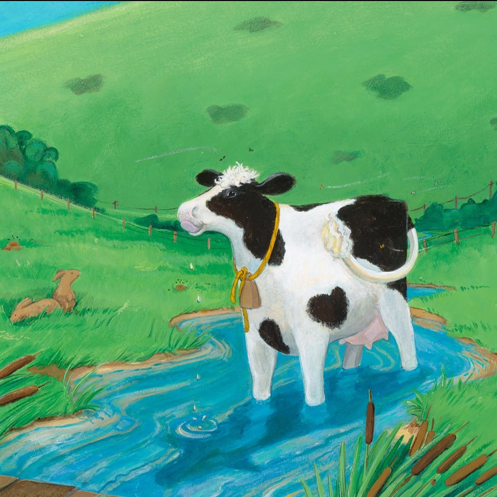 Print of Buttercup, a mindful cow, who enjoys the water as it bubbles and guggles through her legs. From the book, Buttercup's Lovely Day by Carolyn Beck, art by Andrea Beck