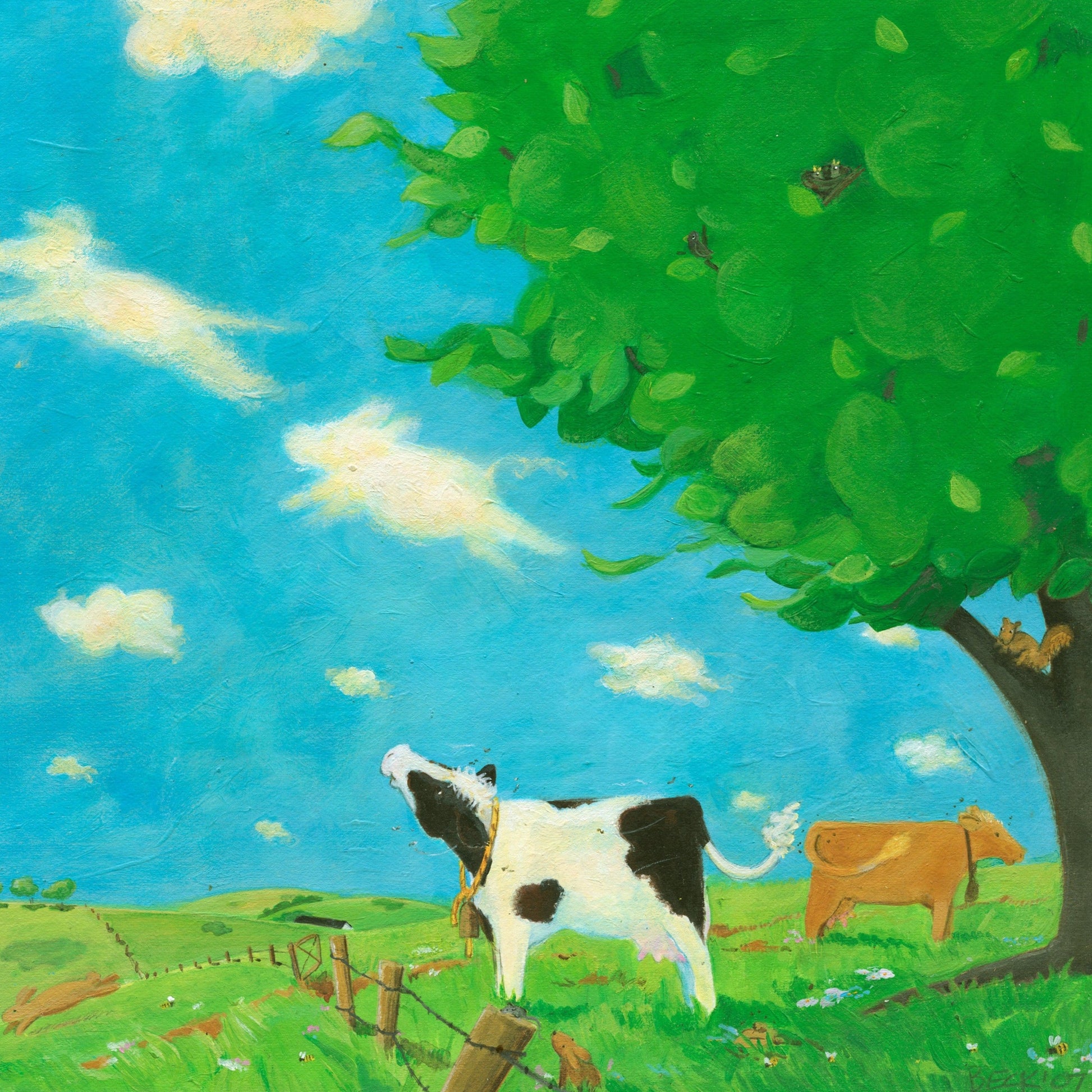 Mindful, sweet cow sees animal shapes in the clouds. Art print from Buttercup's Lovely Day