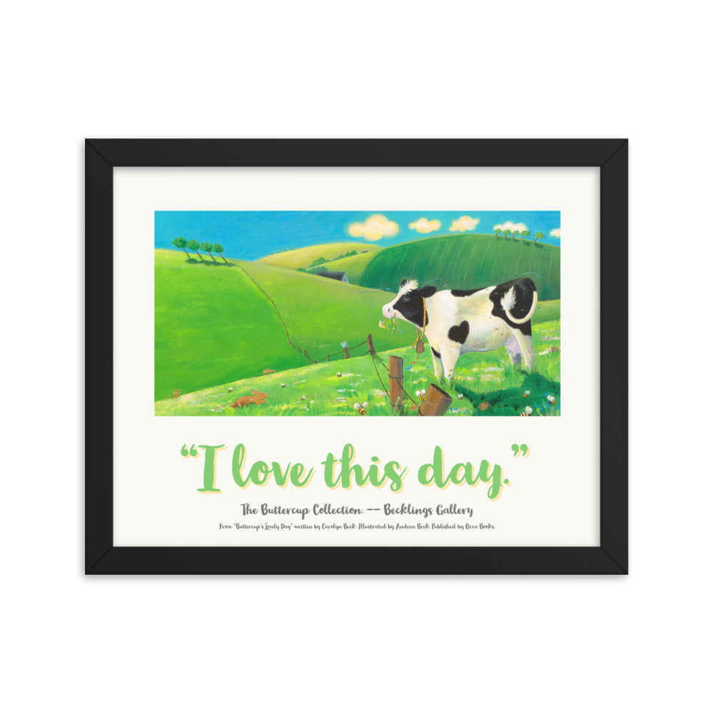 Poster of Cow munching in field, from Buttercup "I love" mindfulness series. Inspired by the book Buttercup's Lovely Day