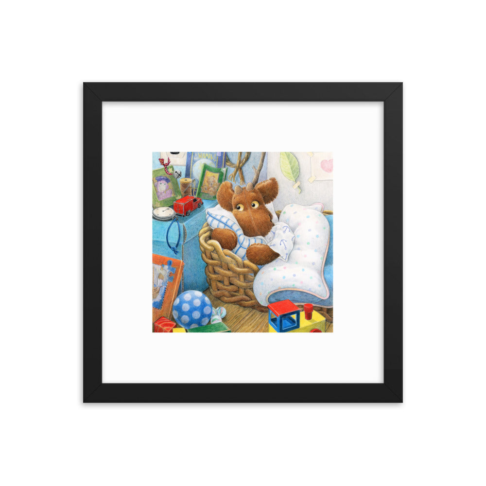 Nursery Art. Picture book print of Elliot Moose happy in bed.