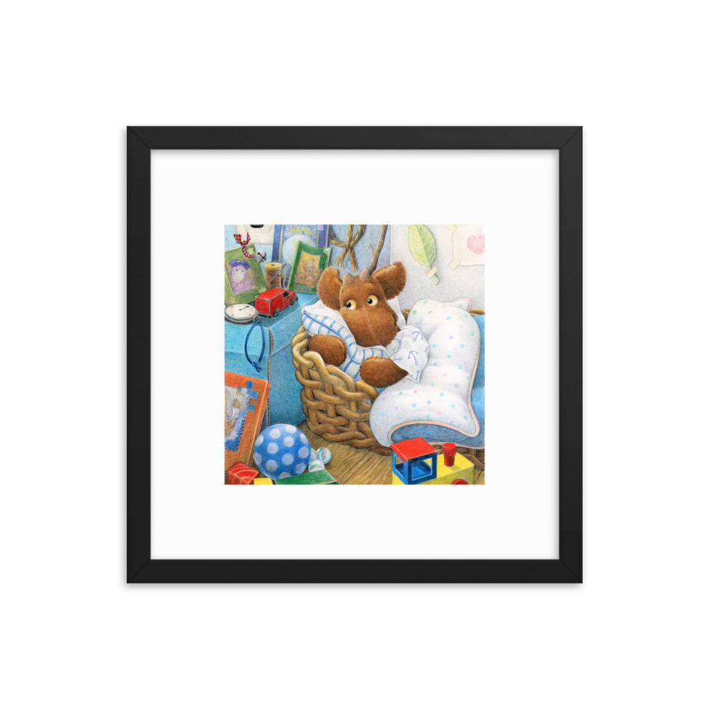 Happy nursery Decor. Elliot Moose snuggles down in bed at the end of his day