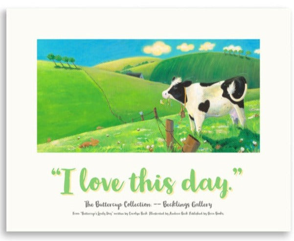 Buttercup the cow chewing her cud. Nursery Decor. Picture book art poster. By Andrea Beck