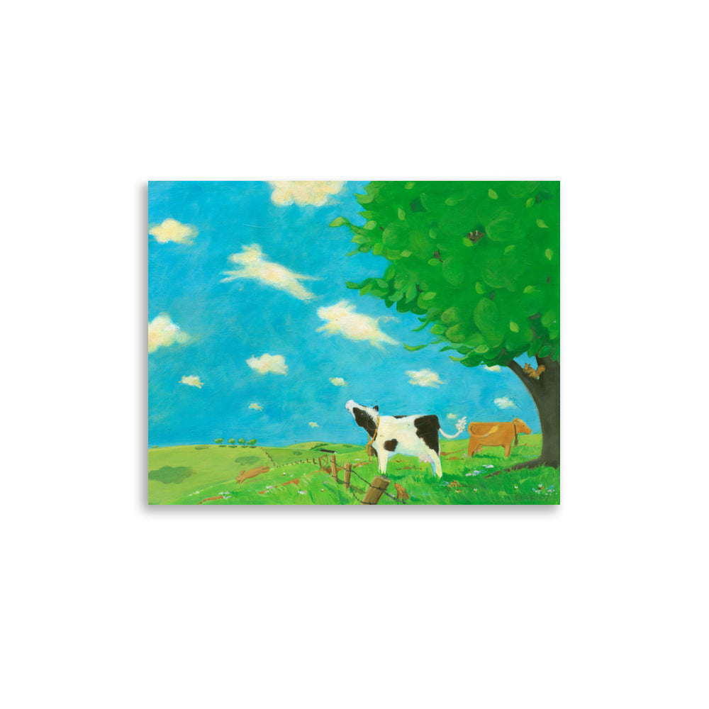 Mindful, sweet cow sees animal shapes in the clouds. Art print from Buttercup's Lovely Day