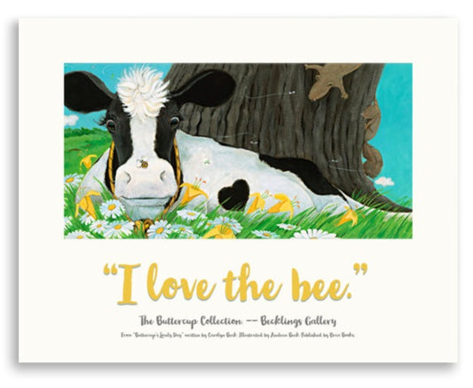 Mindful Cow ,Buttercup, from the "I Love Series" based on the book Buttercup's Lovely Day. Image shows a cow with a bumble bee on her nose, lying in a field of flowers. 